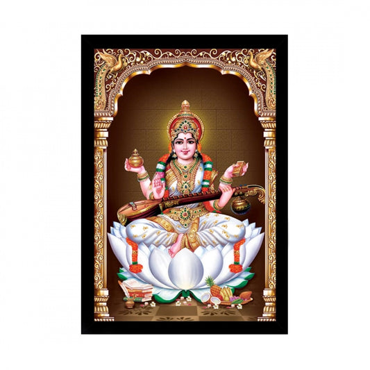 Amfyn Saraswati Maa Painting with Synthetic Photo Frame (Multicolor)