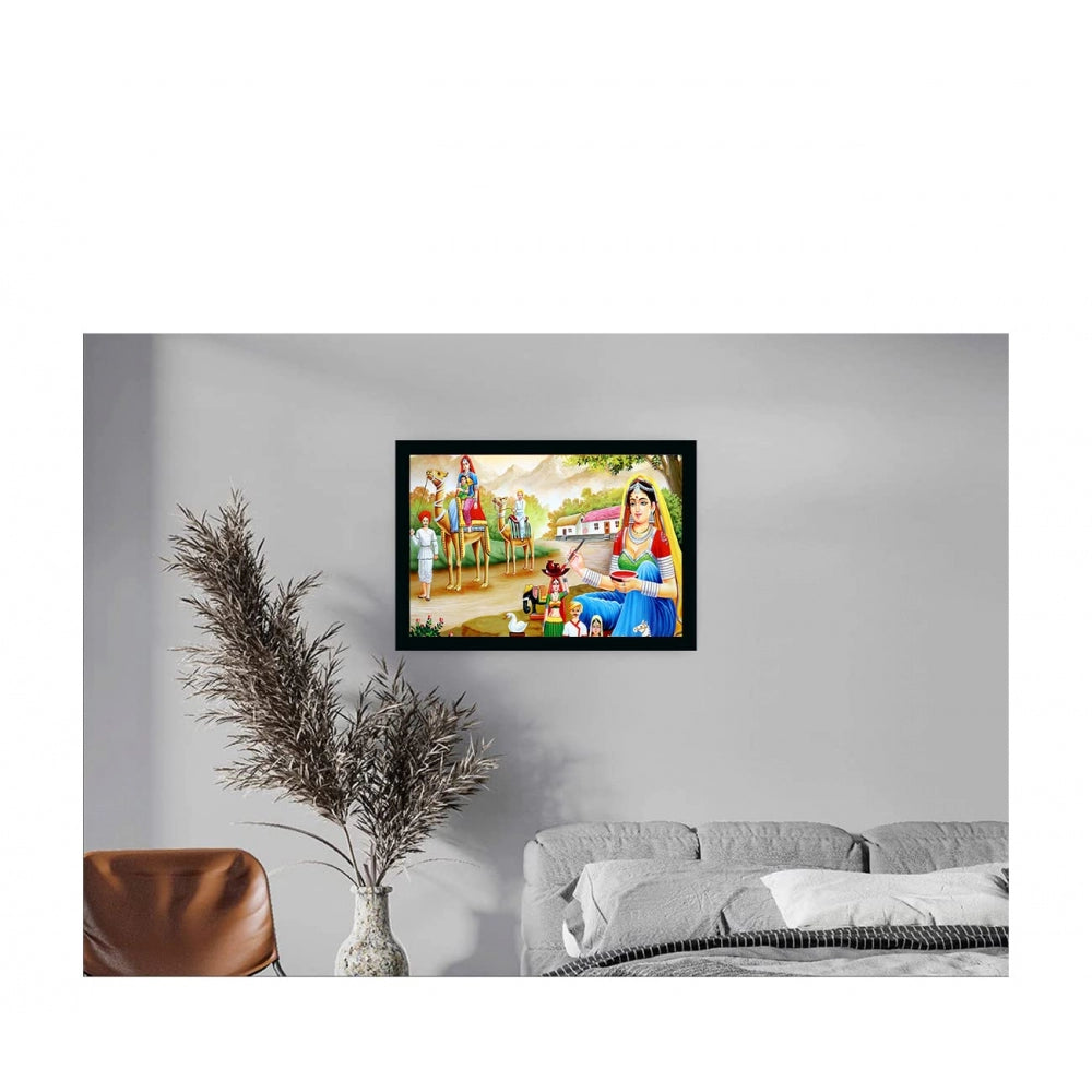 Amfyn Rajasthani Village Modern Art Painting with Synthetic Photo Frame (Multicolor)