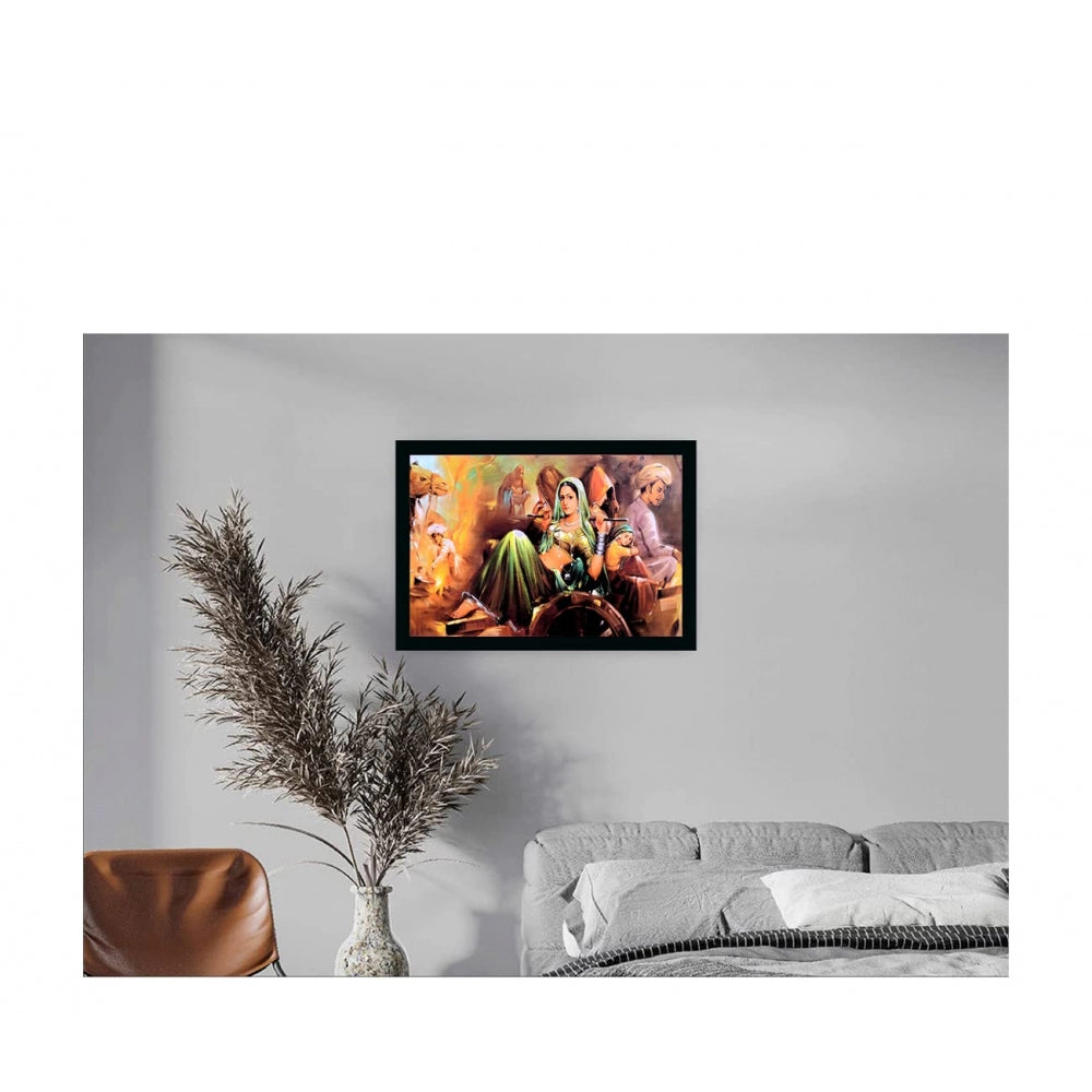 Amfyn Rajasthani Village Modern Art Painting with Synthetic Photo Frame (Multicolor)