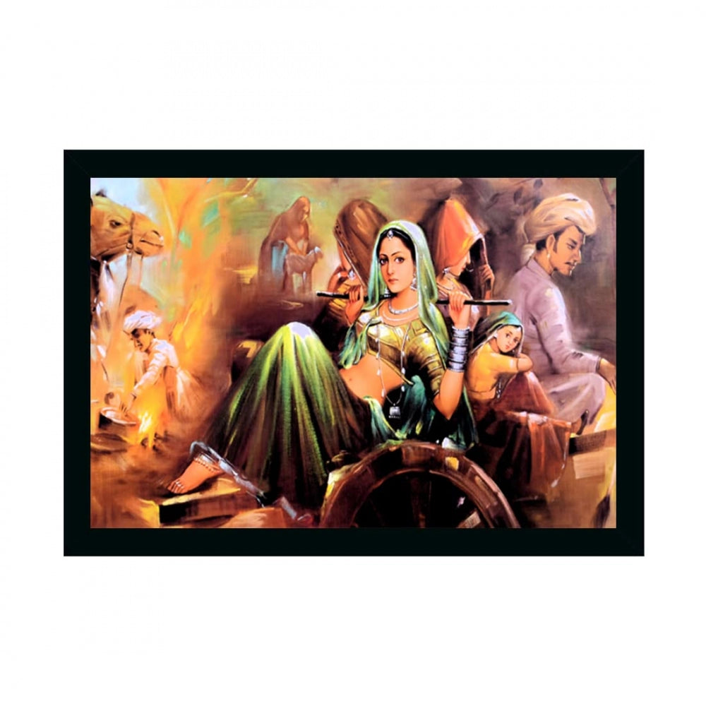 Amfyn Rajasthani Village Modern Art Painting with Synthetic Photo Frame (Multicolor)