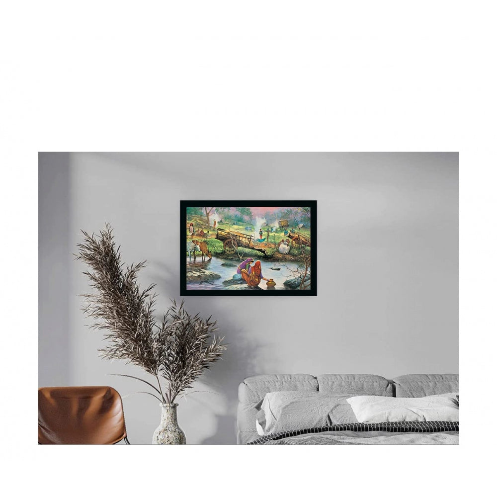 Amfyn Rajasthani Village Modern Art Painting with Synthetic Photo Frame (Multicolor)