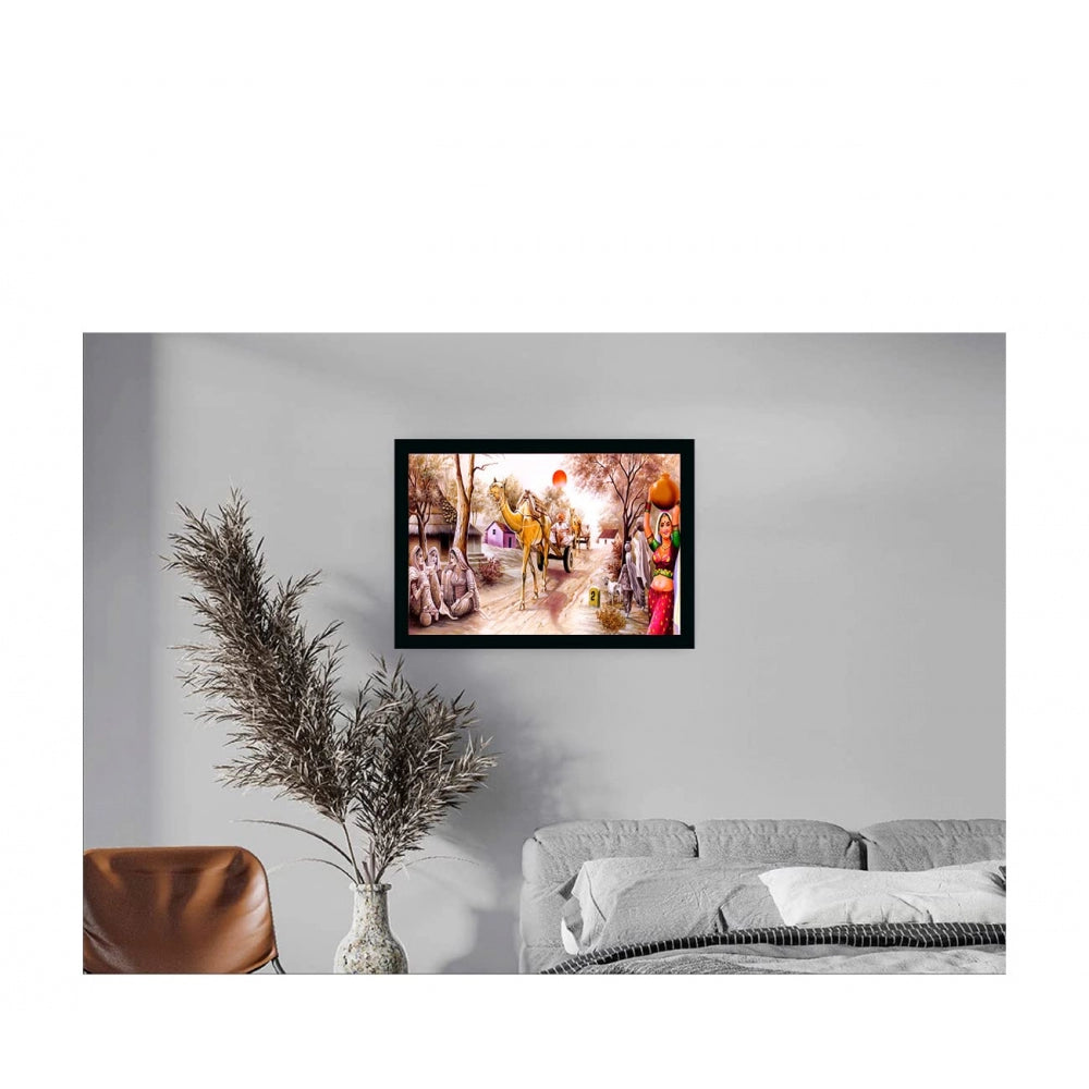 Amfyn Rajasthani Village Modern Art Painting with Synthetic Photo Frame (Multicolor)