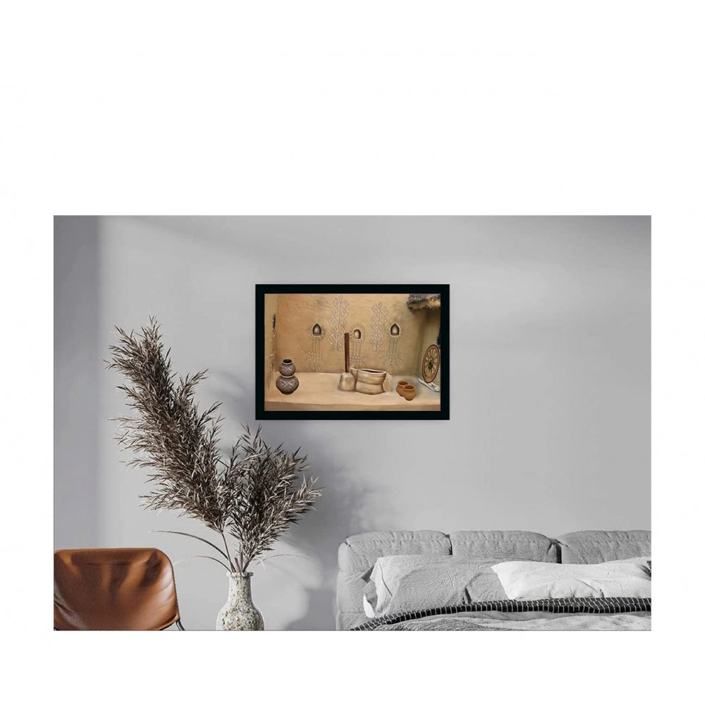 Amfyn Rajasthani Village Modern Art Painting with Synthetic Photo Frame (Multicolor)