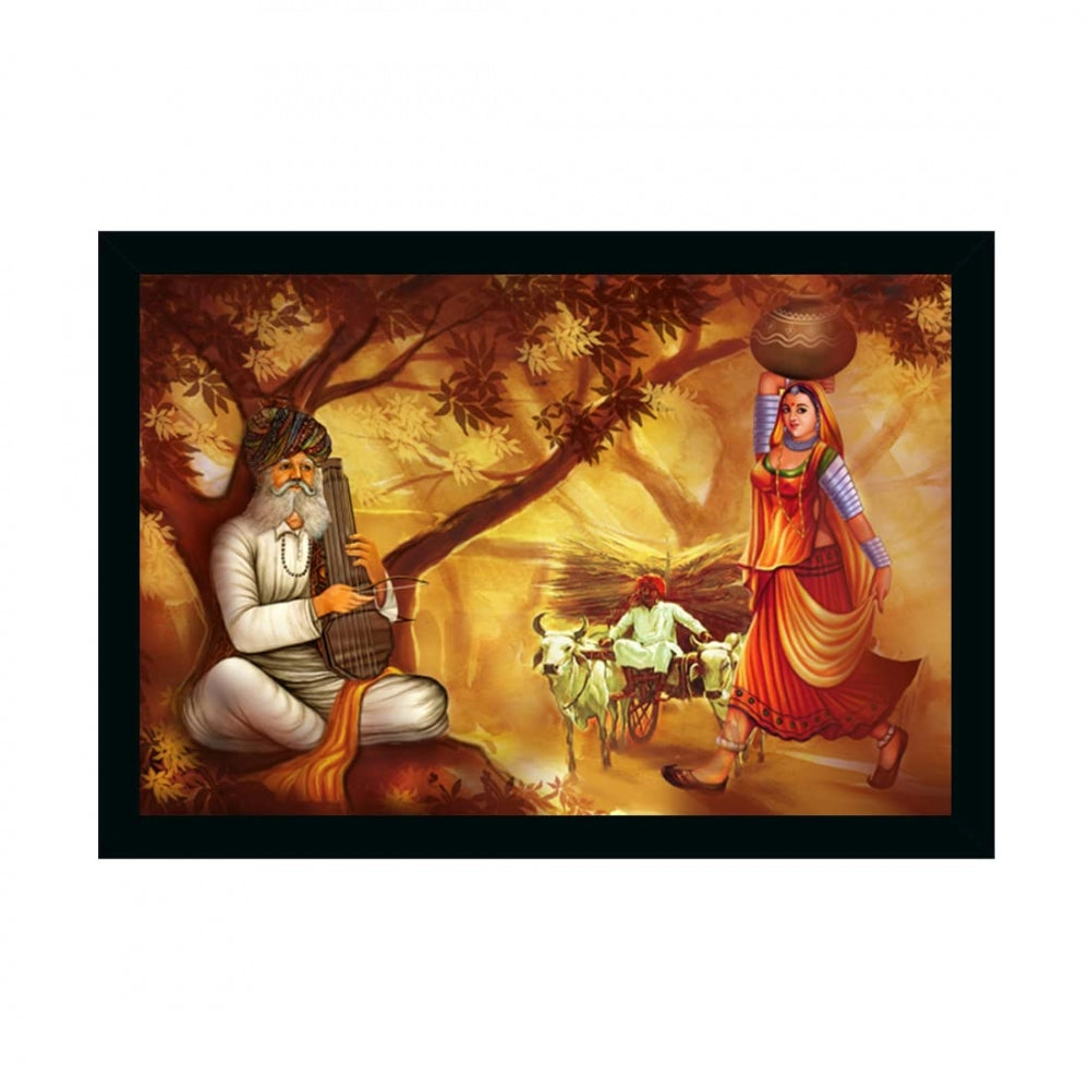 Amfyn Rajasthani Village Modern Art Painting with Synthetic Photo Frame (Multicolor)