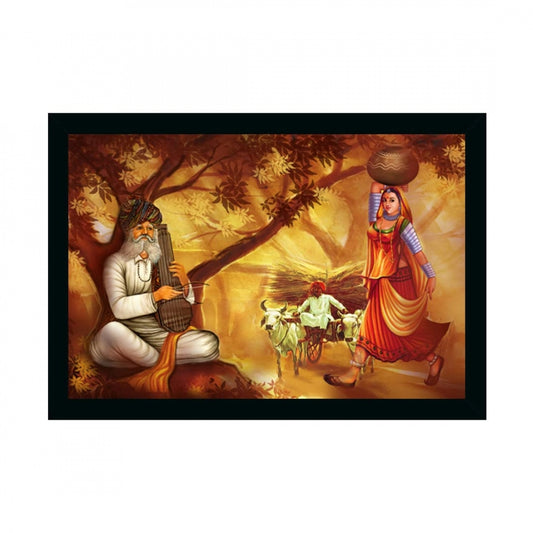 Amfyn Rajasthani Village Modern Art Painting with Synthetic Photo Frame (Multicolor)