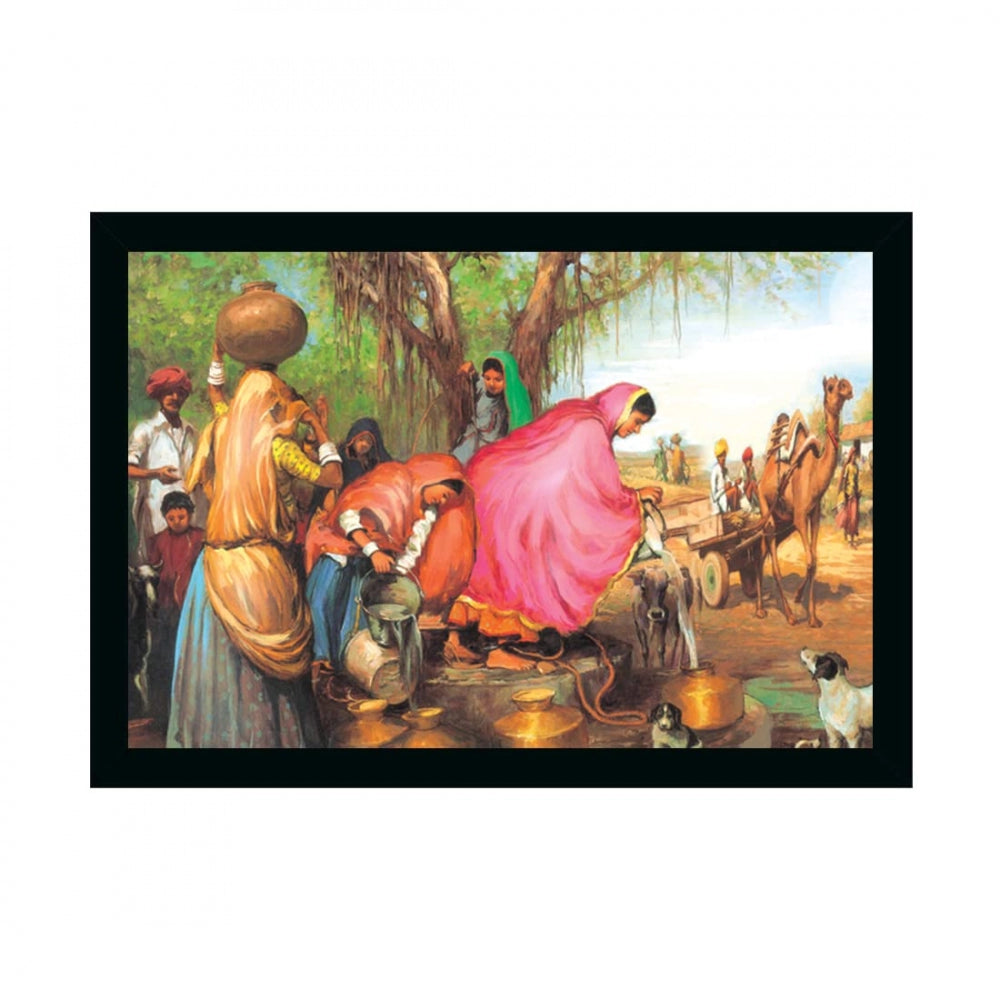 Amfyn Rajasthani Village Modern Art Painting with Synthetic Photo Frame (Multicolor)