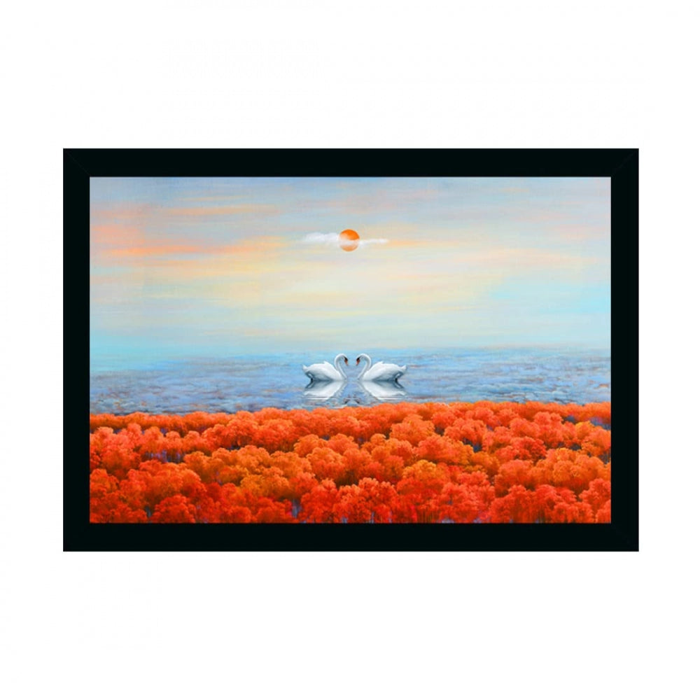 Amfyn Swan Pair Painting with Synthetic Photo Frame (Multicolor)