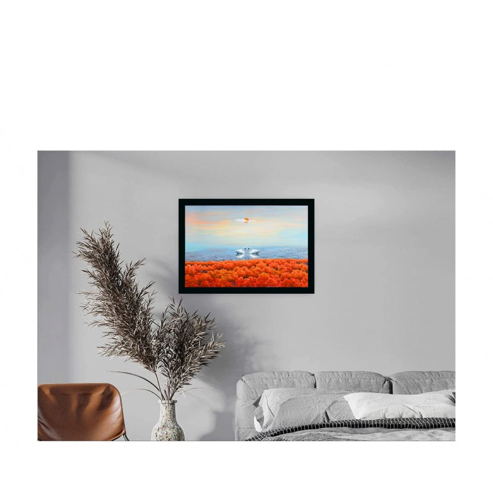 Amfyn Swan Pair Painting with Synthetic Photo Frame (Multicolor)