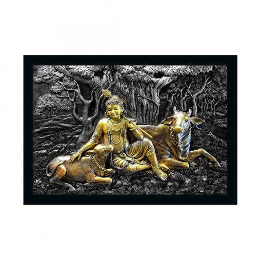 Amfyn Krishna with Cow Painting with Synthetic Photo Frame (Multicolor)