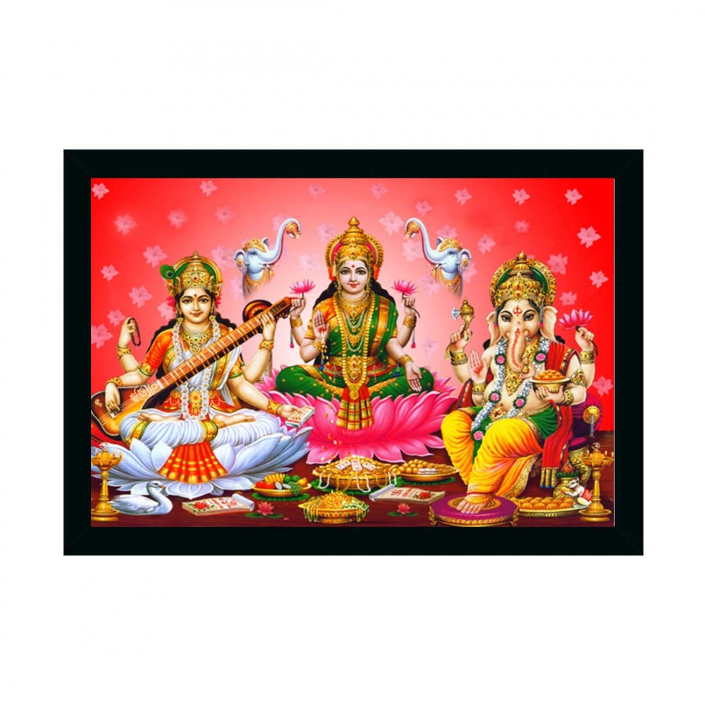 Amfyn Laxmi Ganesh Saraswati Painting with Synthetic Photo Frame (Multicolor)