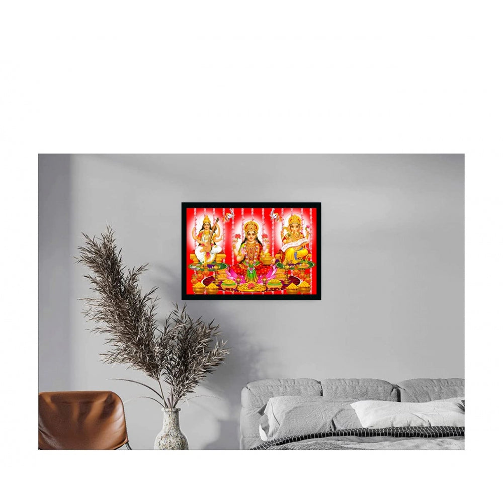 Amfyn Laxmi Ganesh Saraswati Painting with Synthetic Photo Frame (Multicolor)