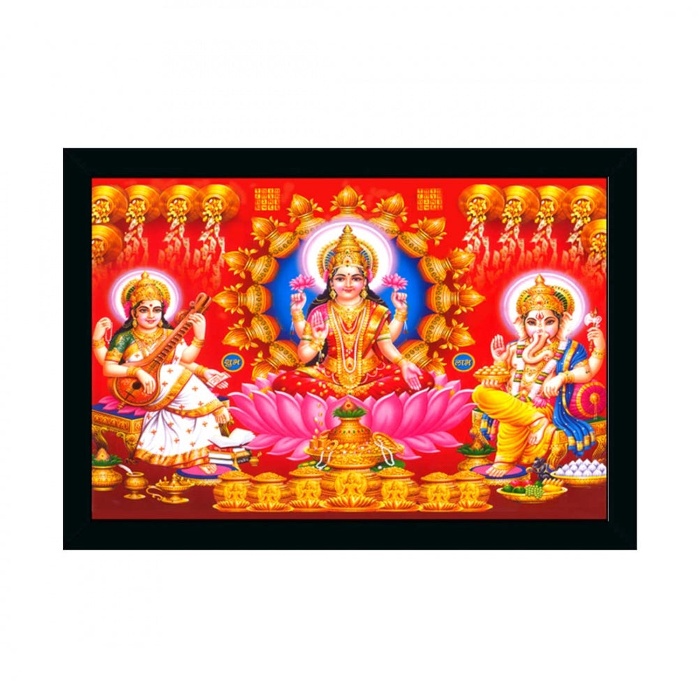 Amfyn Laxmi Ganesh Saraswati Painting with Synthetic Photo Frame (Multicolor)