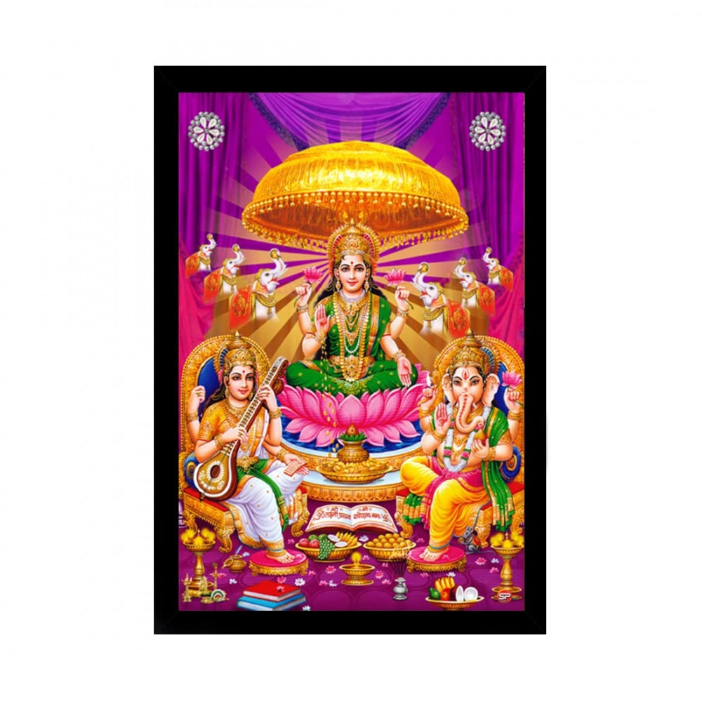 Amfyn Laxmi Ganesh Saraswati Painting with Synthetic Photo Frame (Multicolor)
