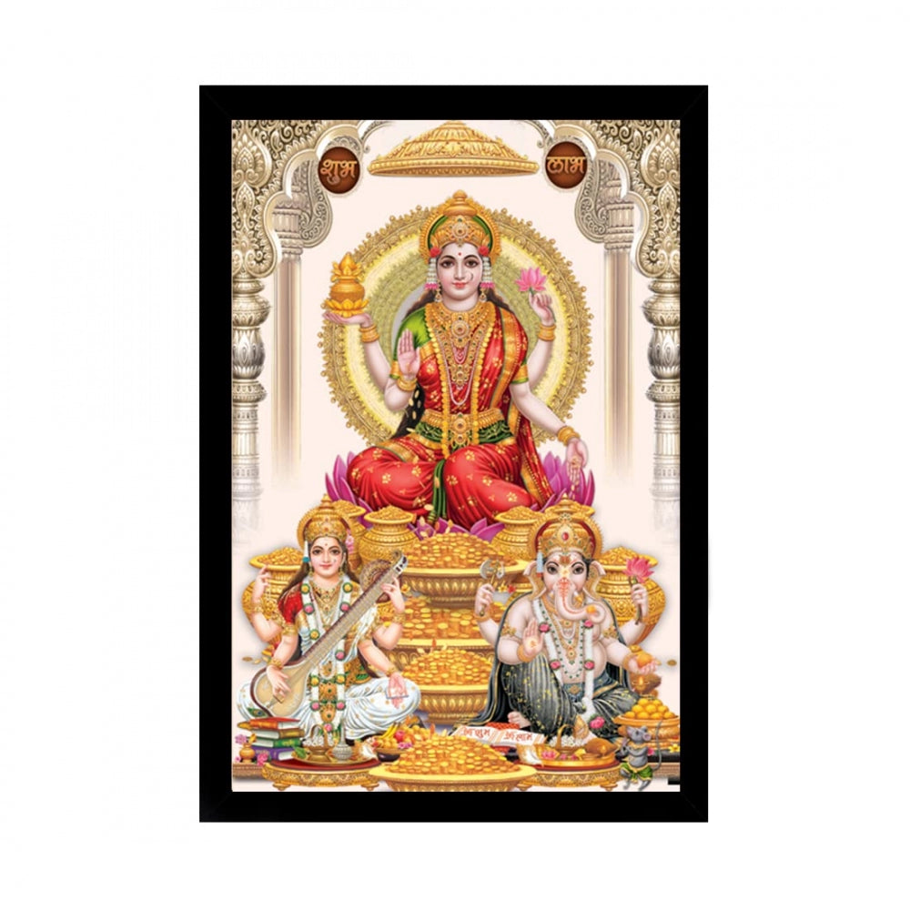 Amfyn Laxmi Ganesh Saraswati Painting with Synthetic Photo Frame (Multicolor)