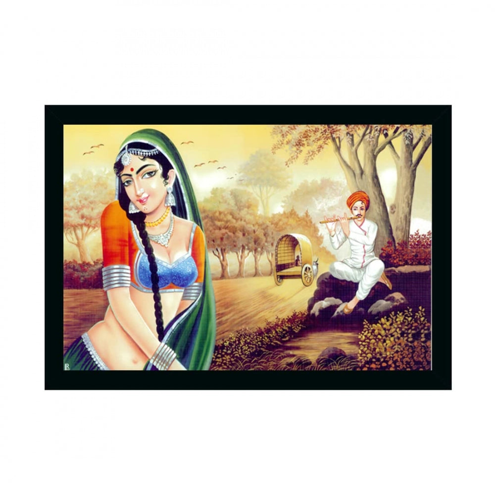 Amfyn Rajasthani Village Modern Art Painting with Synthetic Photo Frame (Multicolor)