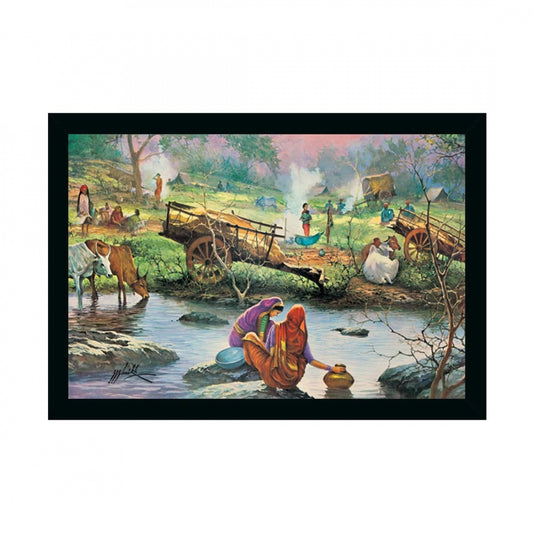 Amfyn Rajasthani Village Modern Art Painting with Synthetic Photo Frame (Multicolor)