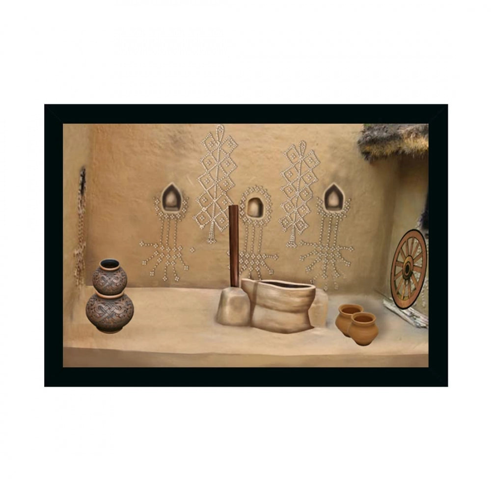 Amfyn Rajasthani Village Modern Art Painting with Synthetic Photo Frame (Multicolor)