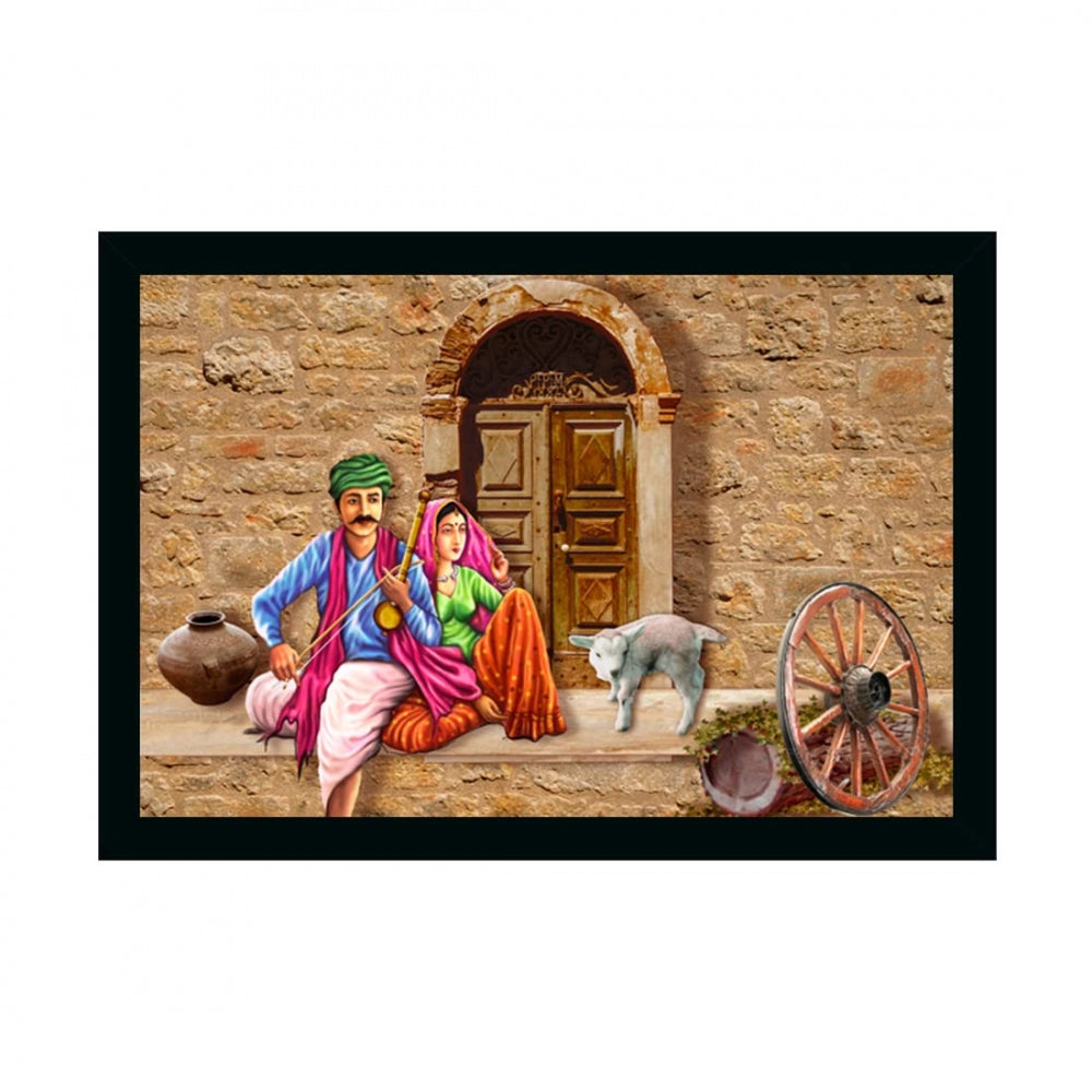 Amfyn Rajasthani Village Modern Art Painting with Synthetic Photo Frame (Multicolor)