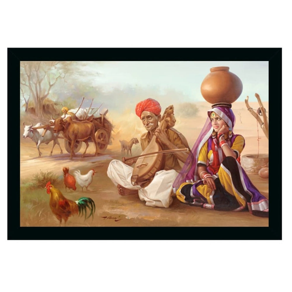 Amfyn Rajasthani Village Modern Art Painting with Synthetic Photo Frame (Multicolor)
