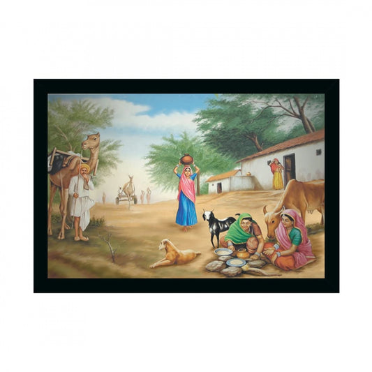 Amfyn Rajasthani Village Modern Art Painting with Synthetic Photo Frame (Multicolor)