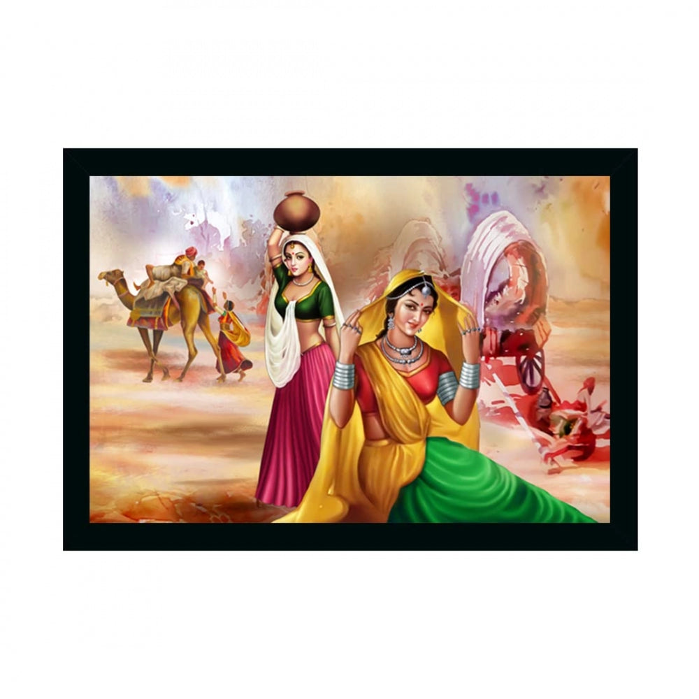 Amfyn Rajasthani Village Modern Art Painting with Synthetic Photo Frame (Multicolor)