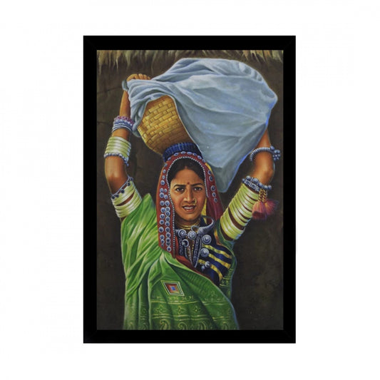 Amfyn Lady Modern Art Painting with Synthetic Photo Frame (Multicolor)