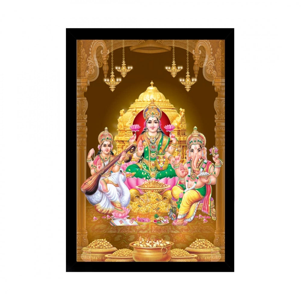 Amfyn Laxmi Ganesh Saraswati Painting with Synthetic Photo Frame (Multicolor)