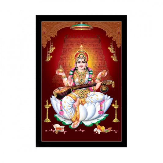 Amfyn Saraswati Maa Painting with Synthetic Photo Frame (Multicolor)