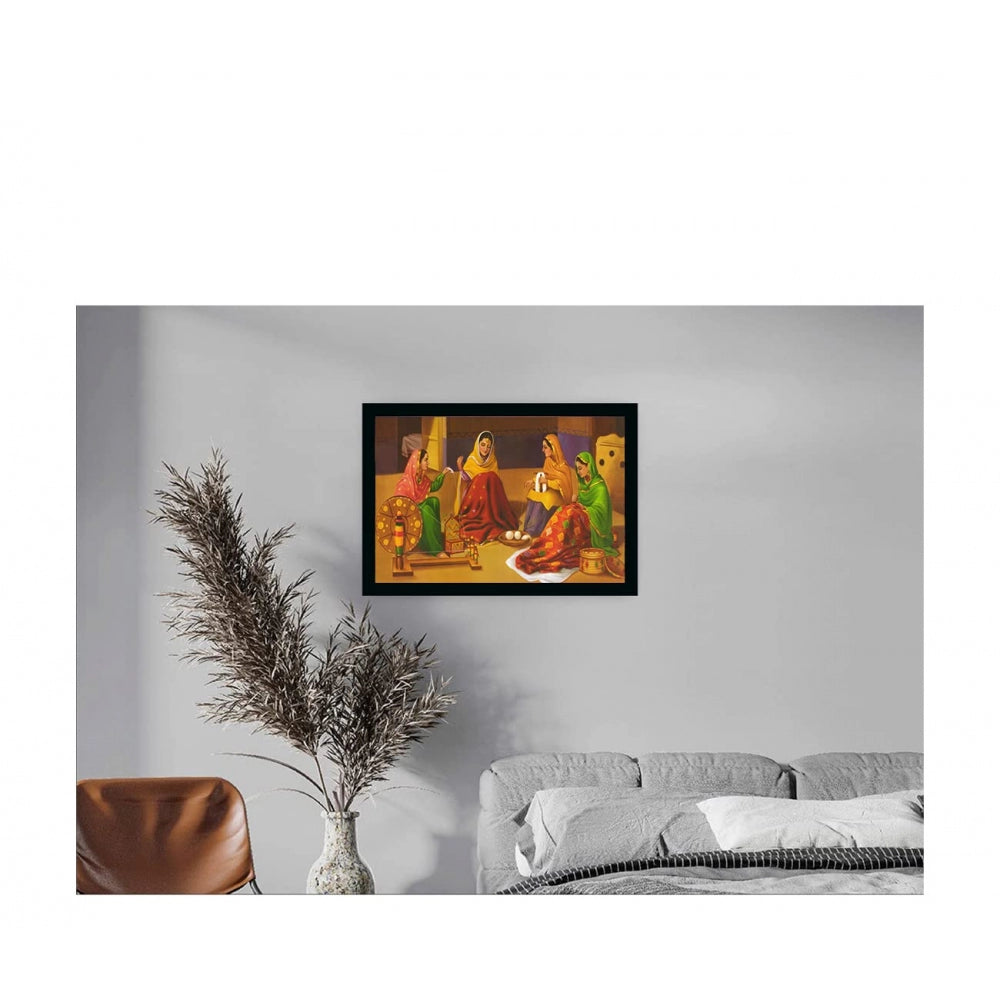 Amfyn Rajasthani Village Modern Art Painting with Synthetic Photo Frame (Multicolor)