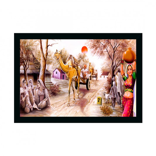 Amfyn Rajasthani Village Modern Art Painting with Synthetic Photo Frame (Multicolor)