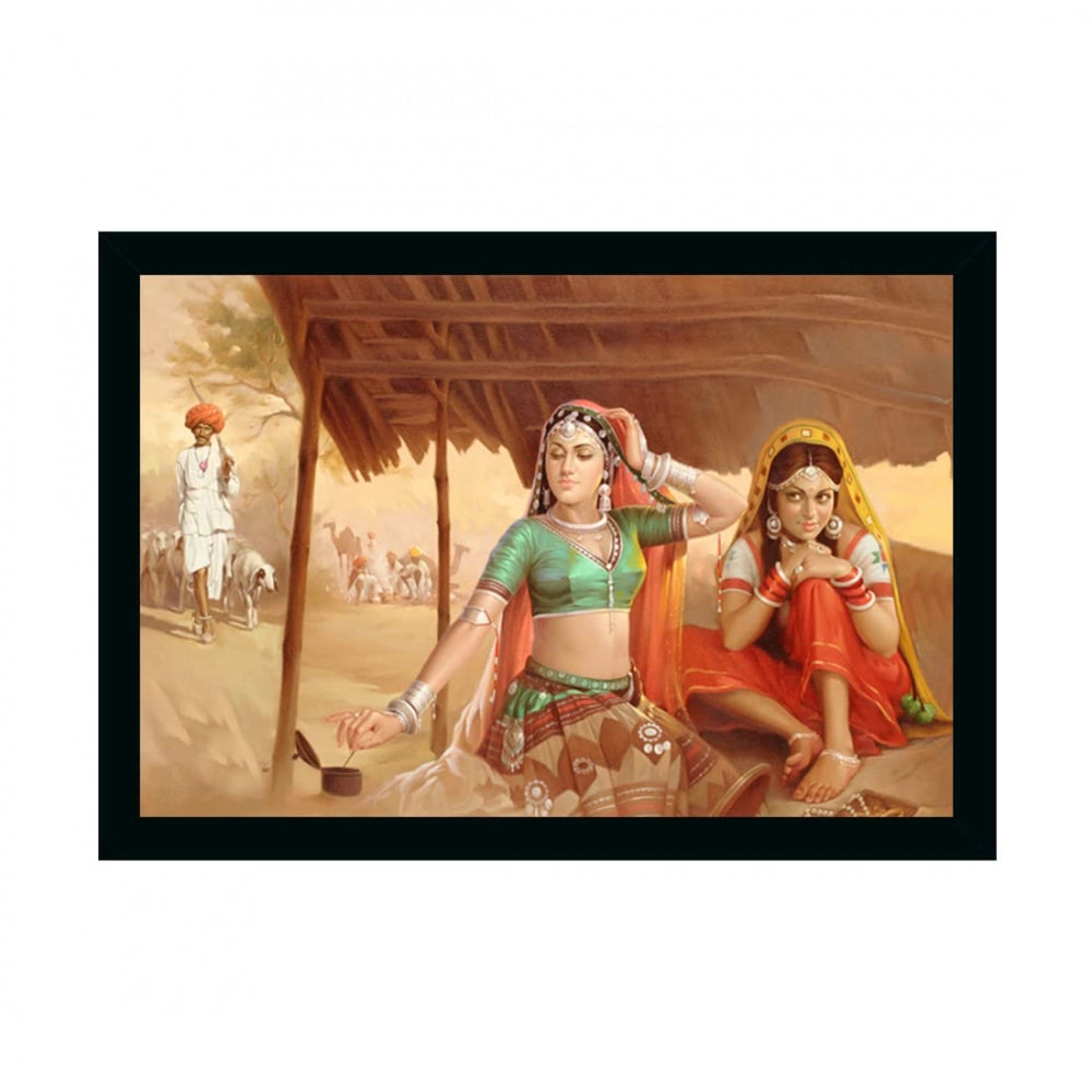 Amfyn Rajasthani Village Modern Art Painting with Synthetic Photo Frame (Multicolor)