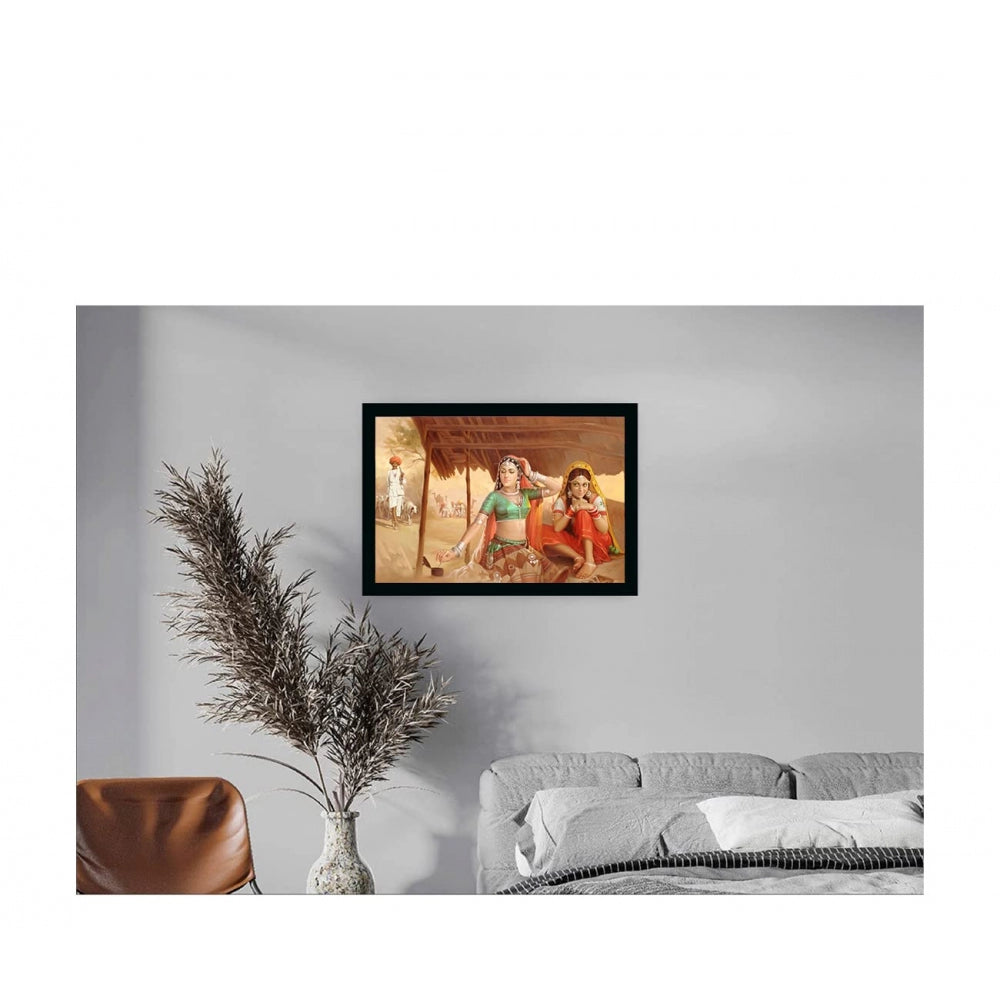 Amfyn Rajasthani Village Modern Art Painting with Synthetic Photo Frame (Multicolor)