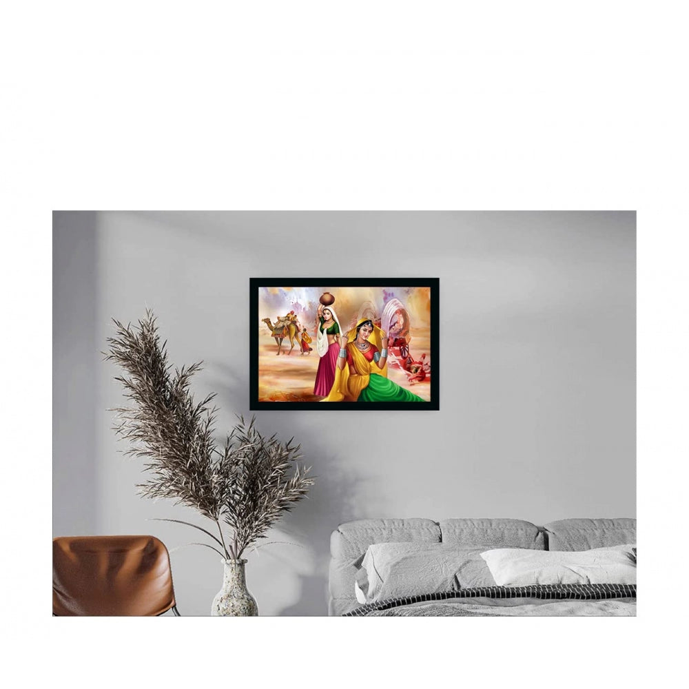 Amfyn Rajasthani Village Modern Art Painting with Synthetic Photo Frame (Multicolor)