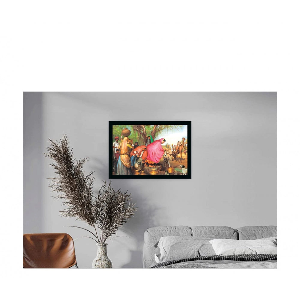 Amfyn Rajasthani Village Modern Art Painting with Synthetic Photo Frame (Multicolor)