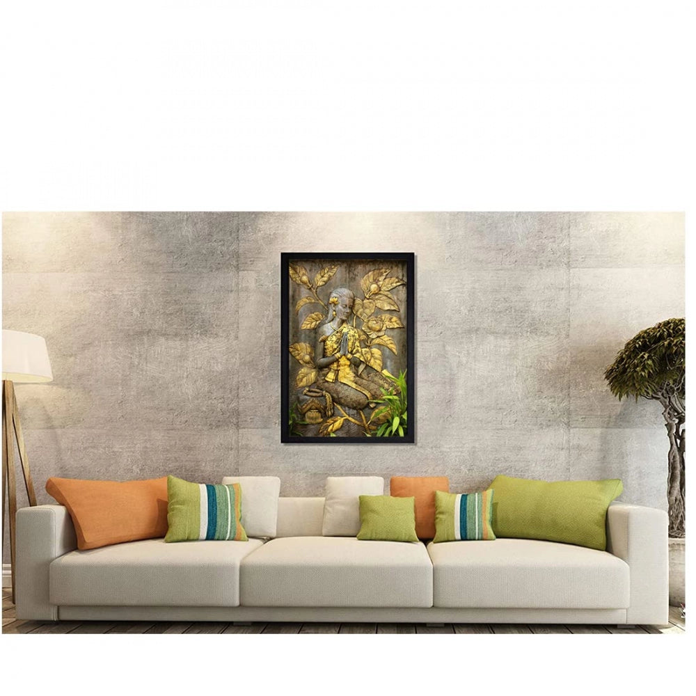 Amfyn Welcome Lady Painting with Synthetic Photo Frame (Multicolor)