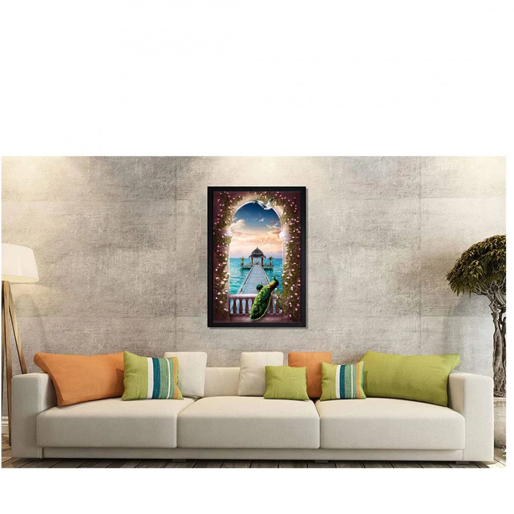 Amfyn Peacock Painting Painting with Synthetic Photo Frame (Multicolor)