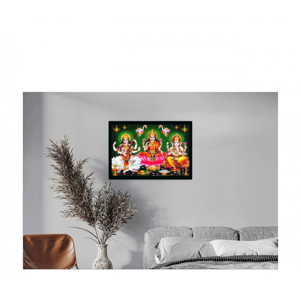 Amfyn Laxmi Ganesh Saraswati Painting with Synthetic Photo Frame (Multicolor)