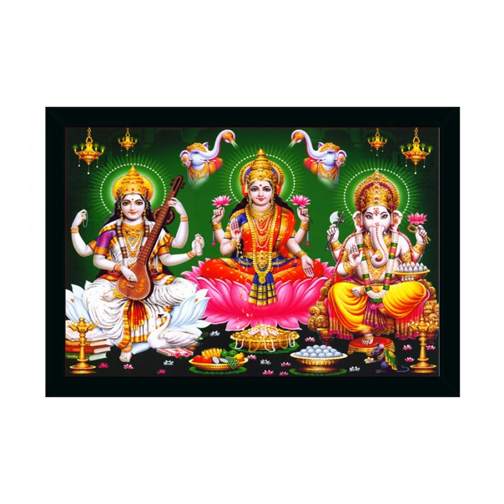 Amfyn Laxmi Ganesh Saraswati Painting with Synthetic Photo Frame (Multicolor)