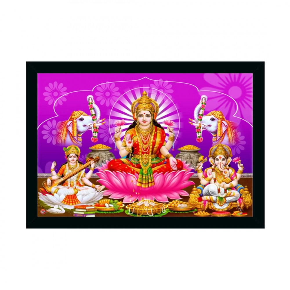 Amfyn Laxmi Ganesh Saraswati Painting with Synthetic Photo Frame (Multicolor)