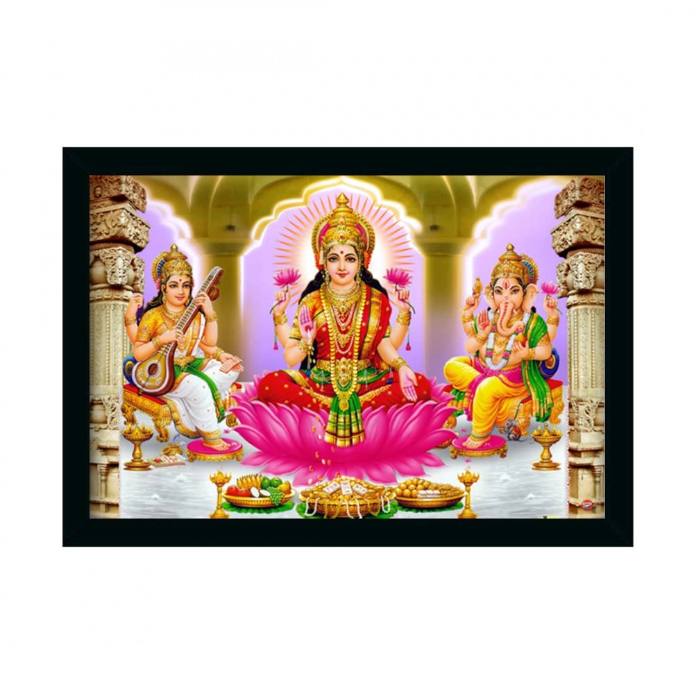 Amfyn Laxmi Ganesh Saraswati Painting with Synthetic Photo Frame (Multicolor)