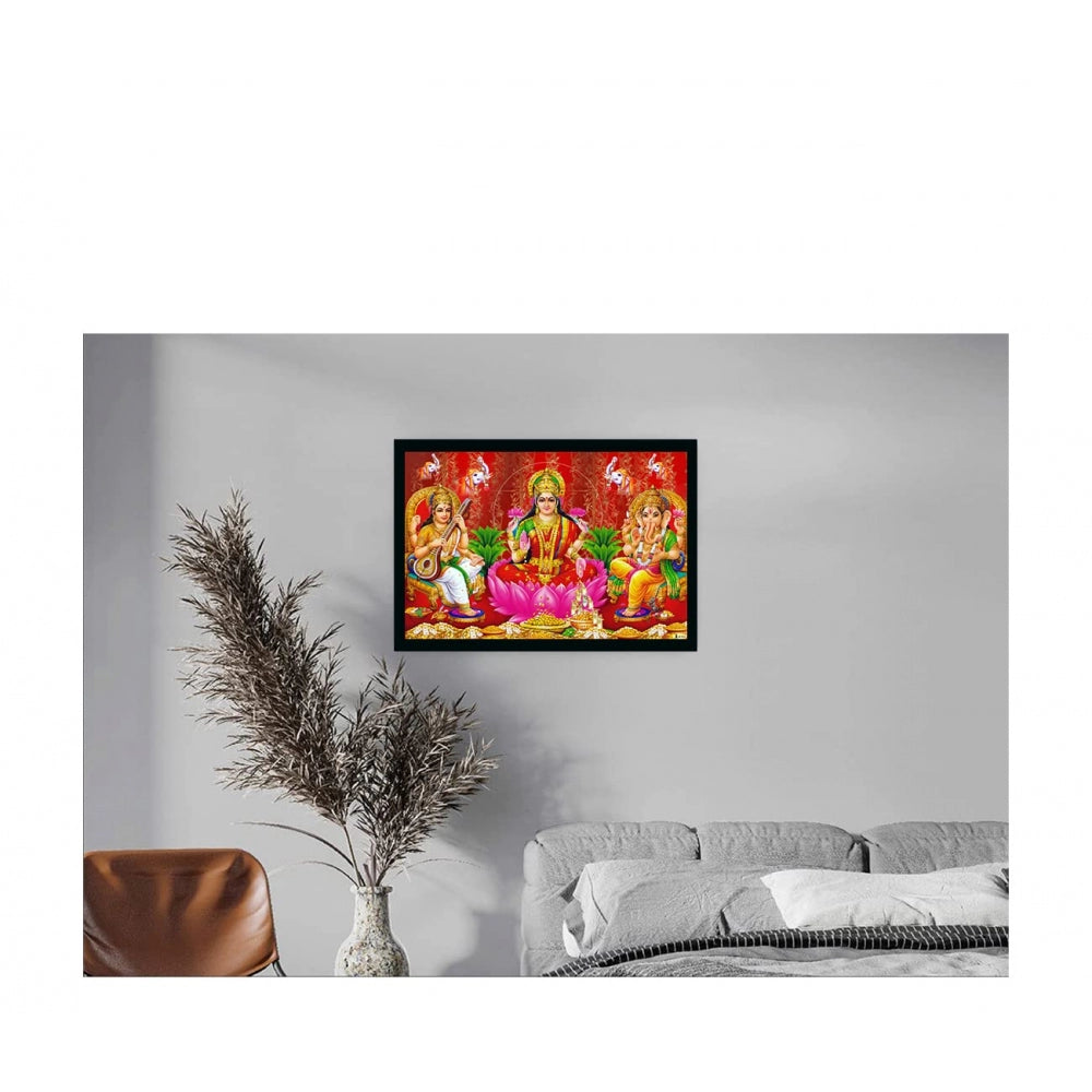 Amfyn Laxmi Ganesh Saraswati Painting with Synthetic Photo Frame (Multicolor)