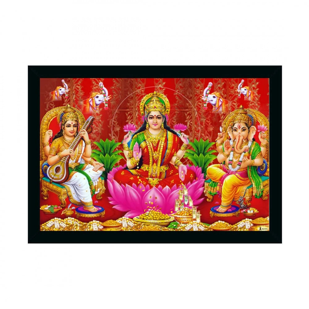 Amfyn Laxmi Ganesh Saraswati Painting with Synthetic Photo Frame (Multicolor)