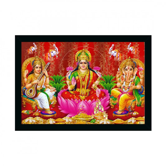 Amfyn Laxmi Ganesh Saraswati Painting with Synthetic Photo Frame (Multicolor)