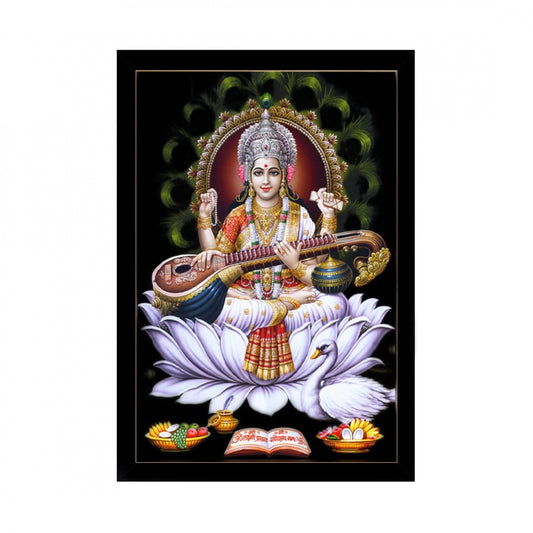 Amfyn Saraswati Maa Painting with Synthetic Photo Frame (Multicolor)