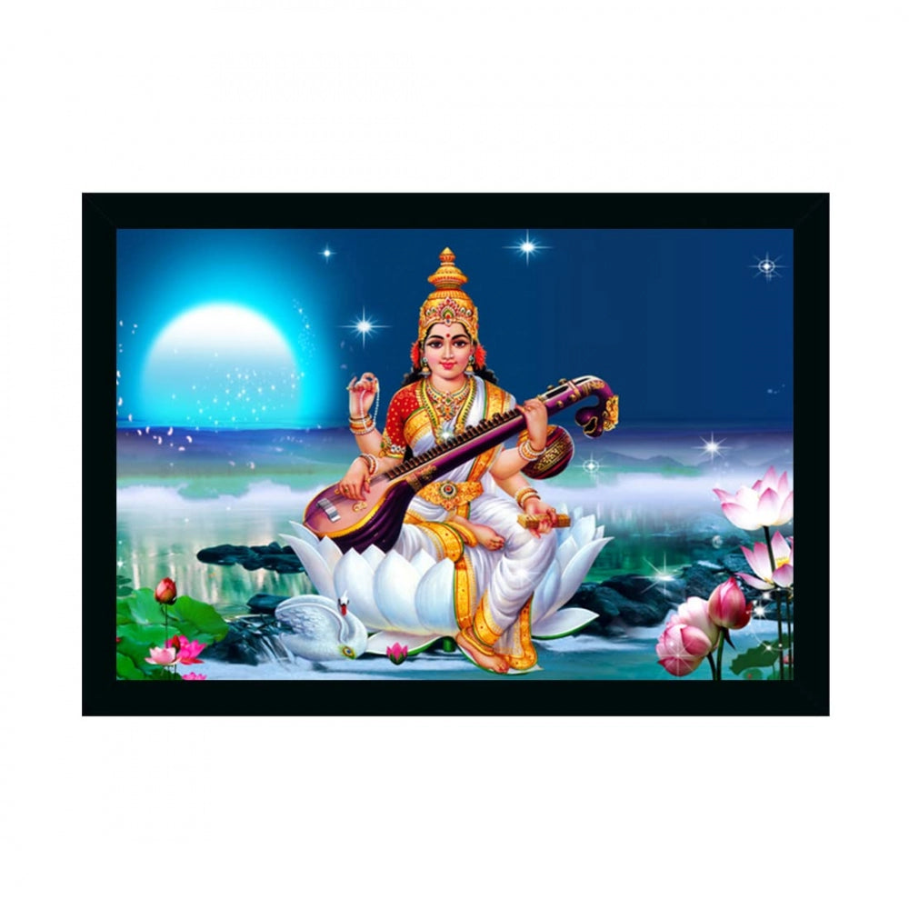 Amfyn Saraswati Maa Painting with Synthetic Photo Frame (Multicolor)