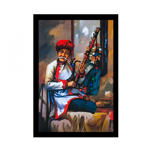 Amfyn Rajasthani Village Modern Art Painting with Synthetic Photo Frame (Multicolor)