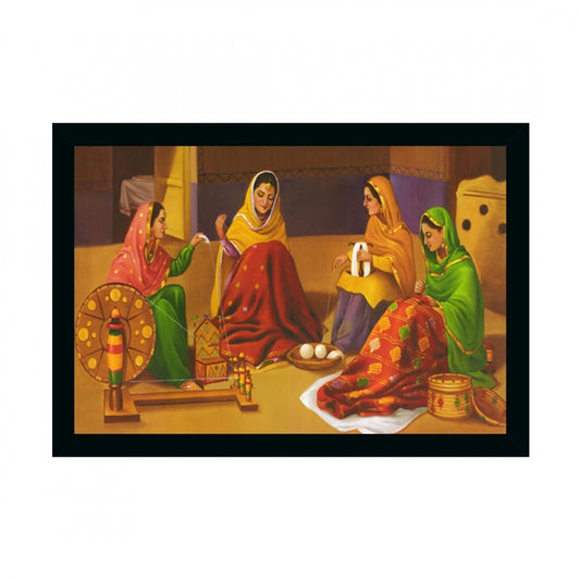 Amfyn Rajasthani Village Modern Art Painting with Synthetic Photo Frame (Multicolor)
