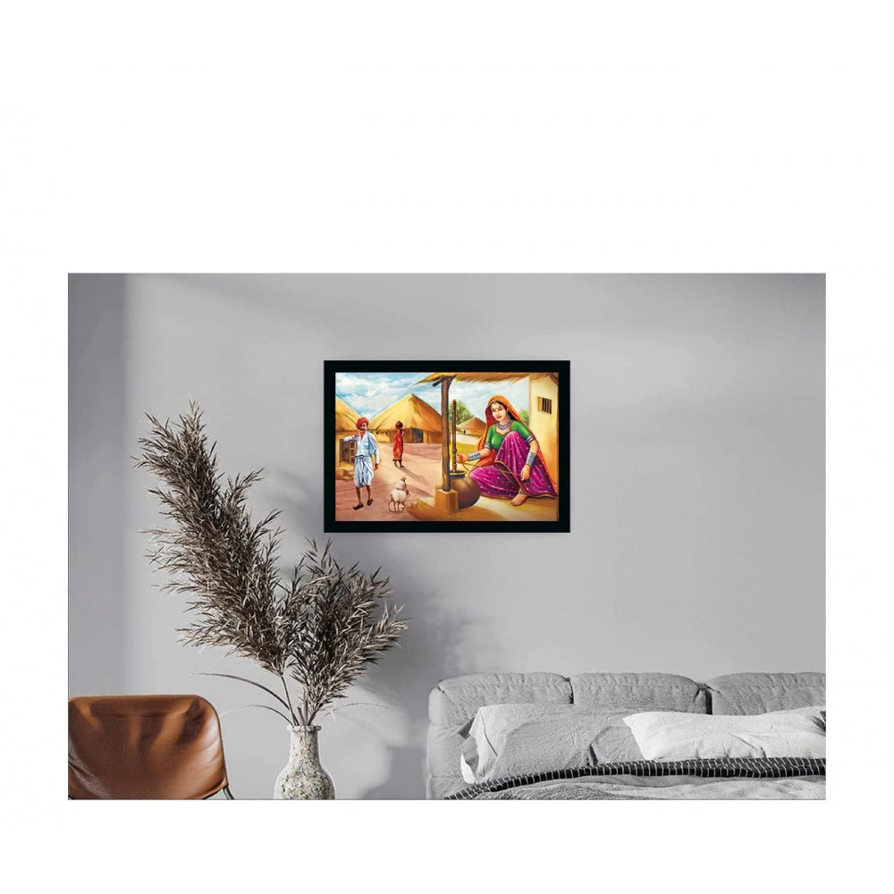 Amfyn Rajasthani Village Modern Art Painting with Synthetic Photo Frame (Multicolor)
