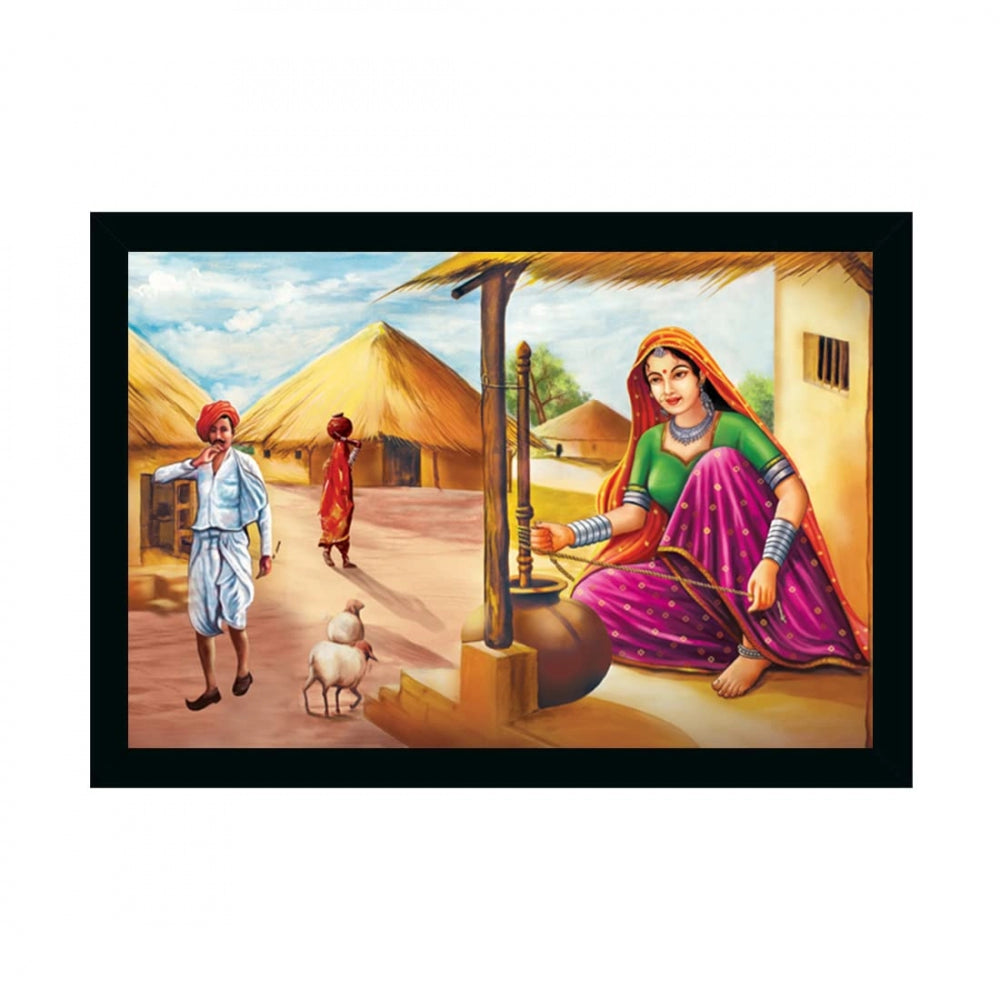 Amfyn Rajasthani Village Modern Art Painting with Synthetic Photo Frame (Multicolor)