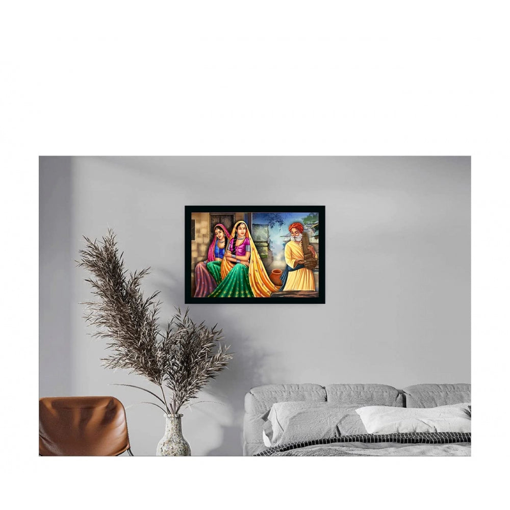Amfyn Rajasthani Village Modern Art Painting with Synthetic Photo Frame (Multicolor)
